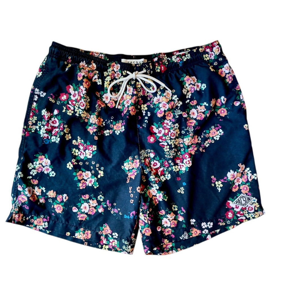 PacSun Floral Swim Shorts Men L 32W Blue Tropical Board Vacation Island Pockets
